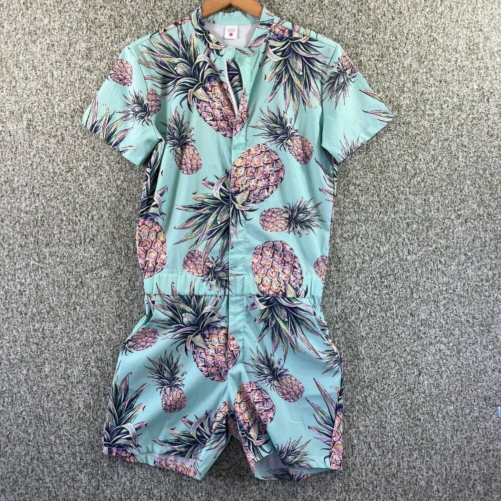 Unbranded Romper Mens Small Hawaiian Pineapple Aqua Zip Up Androgynous Casual